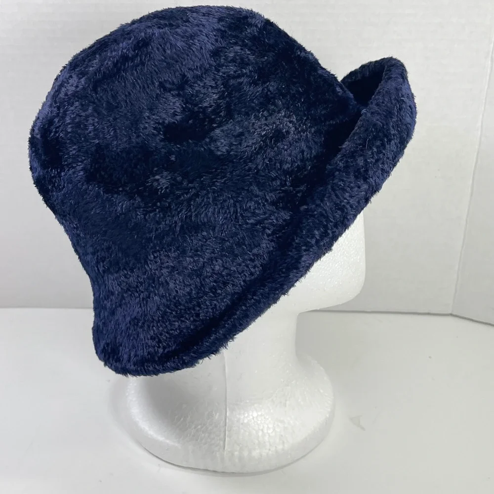 Vintage Liz Claiborne Faux Fur Chenille Bucket Hat Navy Blue Plush Fuzzy Retro